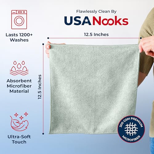 Image of USANOOKS Microfiber Cleaning Cloth - Sea Green - 24Pcs (12.5x12.5 inch) High Performance - 1200 Washes, Ultra Absorbent Car Towel Traps Grime & Liquid for Streak-Free Mirror Shine - car Washing Cloth