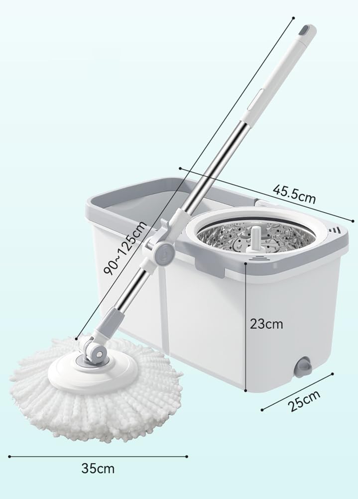 Sistema de fregona giratoria y cubo para una limpieza fácil en el hogar | Mango telescópico ajustable, 2 cabezales de fregona de microfibra, varilla giratoria de acero inoxidable