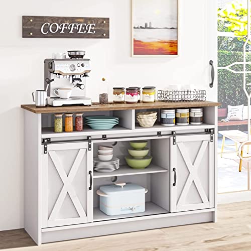 Hombck Coffee Bar Cabinet, Farmhouse Buffet Cabinet With Barn Door, White Coffee Bar Sideboard With Storage For Living Room, Dining Room, Hallway, Console Table, Accent Cabinet, White #TOP1