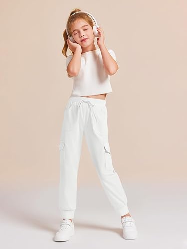 Haloumoning Girls Drawstring Cargo Jogger Pants Kids Quick Dry Slim Fit Sweatpants with Pockets 5-14Years(White,5-6 Years)