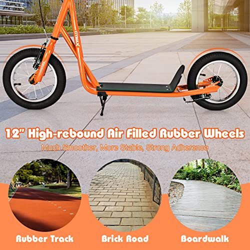 Image of GYMAX Scooter, Kids & Adults Off-Road Scooter with 12 inch Inflatable Wheels, Adjustable Height Handlebar, V-Type Handbrakes & Axle Pegs for All Terrain, 8+