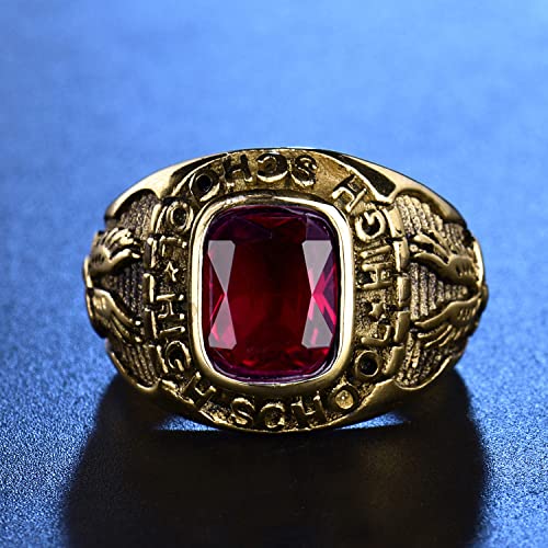 MASOP Retro Eagle Stainless Steel Rings for Men High School Red Crystal Gold Tone Jewelry Size 8-152