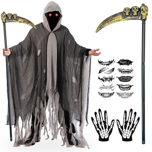BITOYO Disfarce de remo para adultos, disfarce de fantasma assustador de Halloween com foice, luvas de esqueleto e tatuagem, conjunto de disfarces de reaper para o Halloween, carnaval, conjunto de
