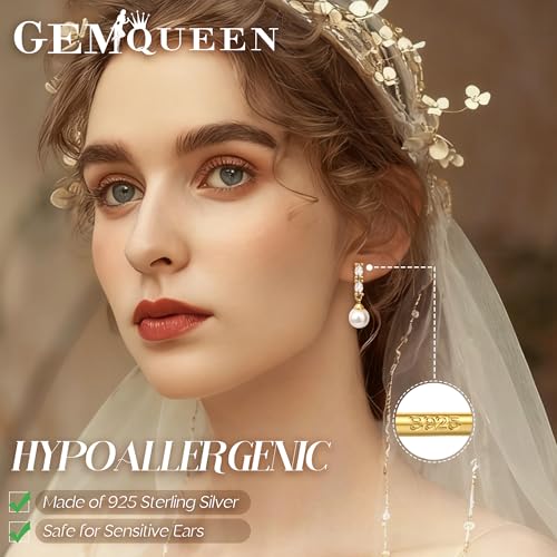 GEMQUEEN 14K Gold Plated Pearl Jewelry Set for Women - 925 Sterling Silver Post Dangle Earrings Dainty Pearl Necklace Bracelet Wedding Jewelry Sets for Bride Bridesmaid CZ Costume Accessories Trendy - Image 4