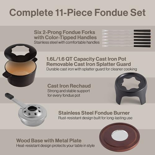 Swissmar Sierra Cast Iron Fondue Set, 1.6 Quart / 1.6 Liter – Perfect for Meat, Cheese, & Chocolate Fondues – Ideal for Family Bonding & Hosting Gifts - 12-Pieces, Metallic Black - Thumbnail 6