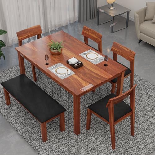 Image of DRIFTINGWOOD Liana 6-Seater Dining Table Set - Sheesham Wood Natural Honey Finish with Table, 4 Cushioned Chairs & Bench - Ideal for Kitchen & Living Room - Assembly Required