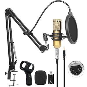 NKFUNGAT Professional Plug & Play PC Computer Podcast Condenser Microphone Cardioid Mic Kit with for Studio Recording, Gaming, Singing, YouTube (Gold)