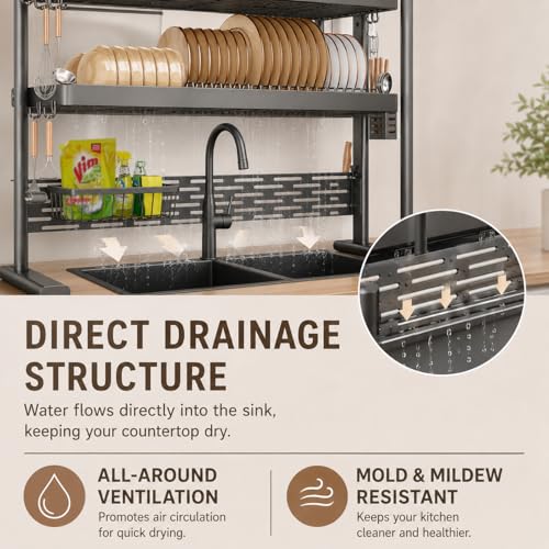 Image of COMFYHOME Over the Sink Dish Drying Rack, 2 Layer, Kitchen Sink Over Sink Rack, for Plates, Bowls & Utensils, Rust-Resistant and Sturdy(90cm*33cm*77cm)