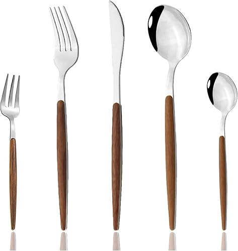 JASHII Juego de cubiertos de 30 piezas para 6 unidades, de acero inoxidable con mango de madera sintética, incluye tenedores, cucharas, cuchillos,