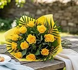 Yellow Rose Bouquet - Fresh Cut Yellow Roses Wrapped in Vibrant Foliage for Birthday, Anniversary, Celebration, Sympathy, Get Well, Housewarming, Floral Gift Indoor Arrangement