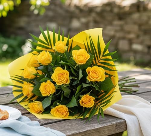 Yellow Rose Bouquet - Fresh Cut Yellow Roses Wrapped in Vibrant Foliage for Birthday, Anniversary, Celebration, Sympathy, Get Well, Housewarming, Floral Gift Indoor Arrangement