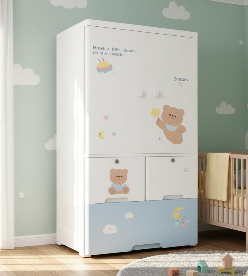 Image of Strassis Design Plastic Wardrobe for Kids| Almirah and Wardrobe for Baby Clothes| Modular Storage Cabinet with Wheel Organizer for Cupboard Rack for Clothes /Shoes /Books /Toy (Bear)