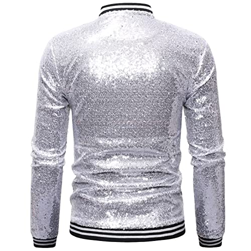 Image of babyhealthy Mens Mermaid Sequin Jacket Zip Up Sparkle Jacket Blazer Bomber Jacket Halloween Party Disco Metallic Jacket