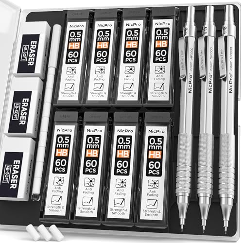 Image of Nicpro 0.5 Mechanical Pencil Set with Case, 3PCS MP1000 Metal Artist Pencil & 8 Tube HB Lead Refills 0.5mm, 3 Erasers,9 Eraser Refills For Architect Writing Drafting, Drawing, Engineering, Sketching