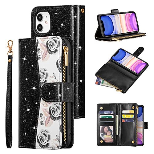 UEEBAI Wallet Case for iPhone 11 6.1 inch, Glitter PU Leather Magnetic Closure Handbag Zipper Pocket Case Kickstand Card Holder Slots with Wrist Strap TPU Shockproof Flip Cover - Bling Black