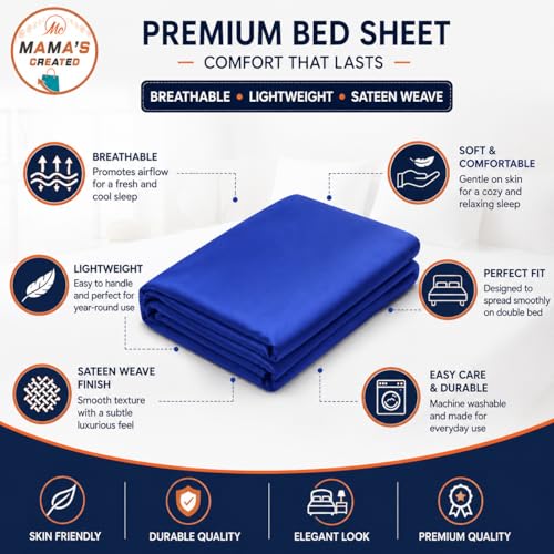 Image of Double Size Bed Sheet - 600 Thread Count Single Flat Sheet Only - Long Staple Egyptian Cotton Top Sheet Wrinkle & Fade Resistant - Royal Blue