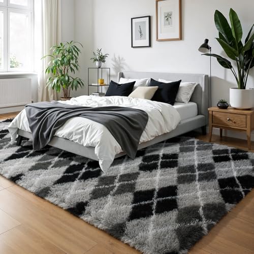 Zentavio Area Rugs for Living Room Large Rugs for Bedroom 5x8 Carpet Fluffy Fuzzy Soft Shag Aesthetic Plush High Pile Gray Throw Rug for Nursery Kids Room Dorm Diomond Black