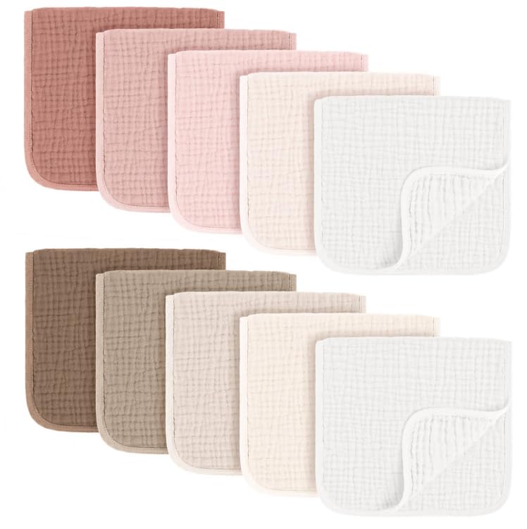 10-Pack Muslin Burp Cloths, 100% Cotton Baby Burping Cloths for Boys and Girls, Neutral Newborn Towels- Large Absorbent Diapers