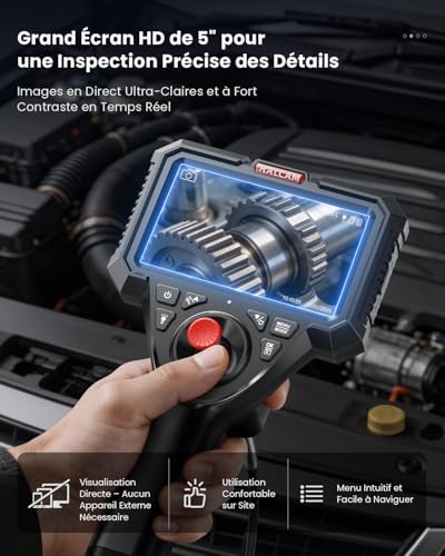 Ralcam Caméra Endoscopique Industrielle avec Câble Serpent Remplaçable, Écran HD 5", Sonde Articulée à 4 Directions & Joystick en Acier Inoxydable, Caméra 6,2 mm, Câble Étanche, 1,5 m Auto & Tuyaux – vue 4