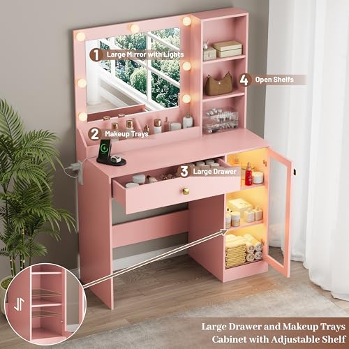 Image of Wodeer Small Makeup Vanity Desk with Mirror and Lights, Vanity with Glass Cabinet, LED Lights & Power Outlet, Drawer & RGB Glass Cabinets, Adjustable Lighted Dressing Table for Women & Girls Bedroom