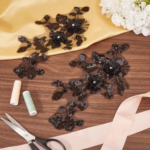 GORGECRAFT 2Pcs 3D Flowers Embroidered Lace Applique Sew on Trim Patches Glitter Sequins Beaded Floral Collar Fabric Craft Decoration Patch for Sewing Wedding Clothes Dress Pants Jeans Bag Black - Image 4