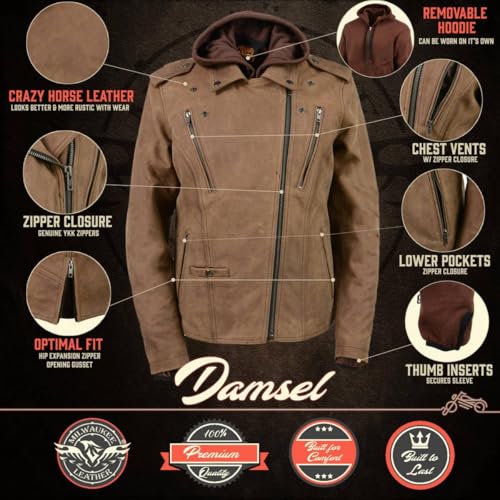 Milwaukee Leather MLL2511 Women's 'Damsel' Vintage Crazy Horse Brown Leather Jacket w/Removable Hoodie2