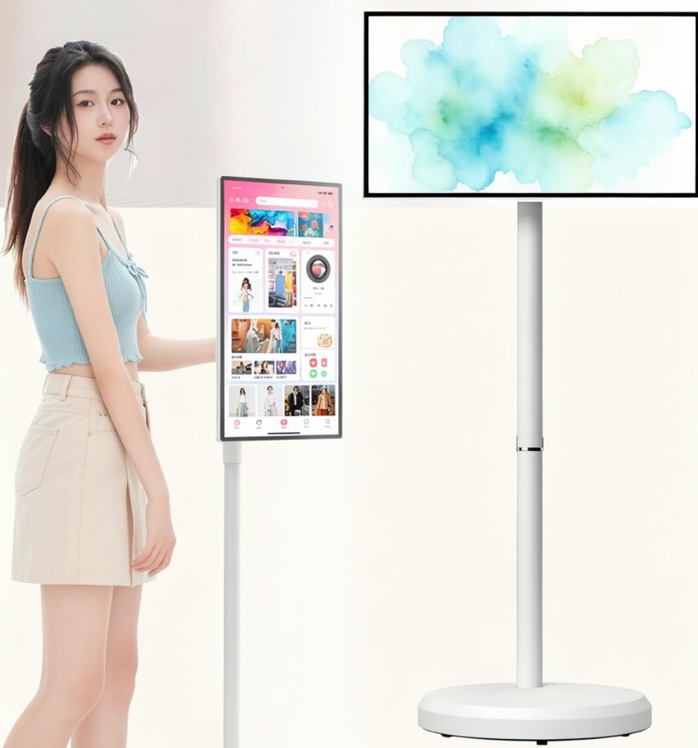 23.8" TV intelligente mobile wireless, Android 15 monitor touch portatile su ruote, display 1080P, 6GB RAM 128GB, fotocamera 13MP, batteria 8h, HDMI Type-C per smart home, ufficio