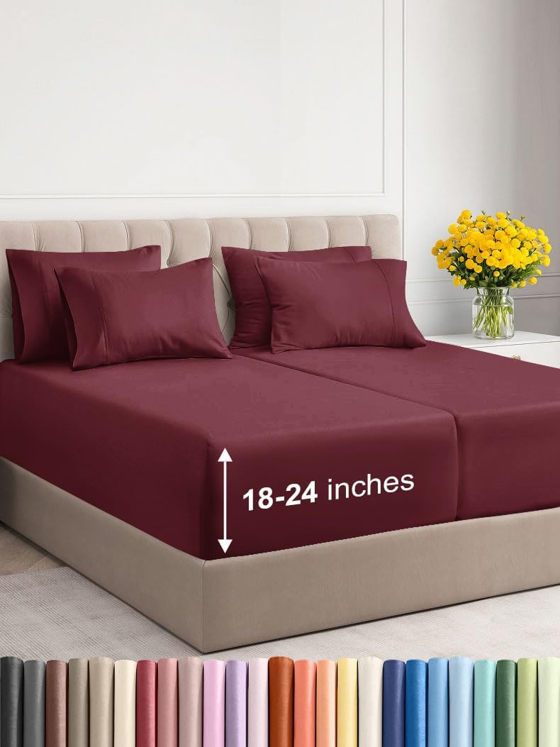Extra Deep Split King Sheet Set - 7 Piece Breathable and Cooling Sheets - Hotel Luxury Bed Sheets Set - Easy Fit - Soft, Wrinkle Free and Comfy Sheets Set - Burgundy Sheet Set with Extra Deep Pockets