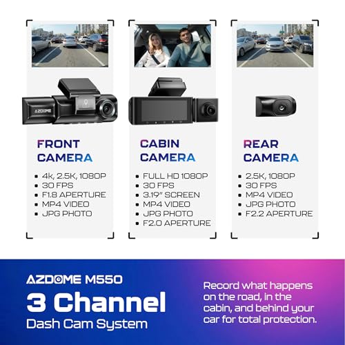 Image of AZDOME M550 4K WiFi 3 Channel On Dash Cam, Dual Front and Rear for Car 4K+1080P Free 64GB Card, Built-in GPS 24H Parking Mode IR Night Vision WDR 3.19 inch IPS, Max up Support to 256GB