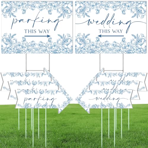 8 Pcs 17 8.5 Wedding This Way Directional Parking Signs Road with Stakes Large Double Sided Direction Printed Ceremony Reception Lawn Yard Arrow Sign Exquisite Plastic Rainproof (Blue Flower)