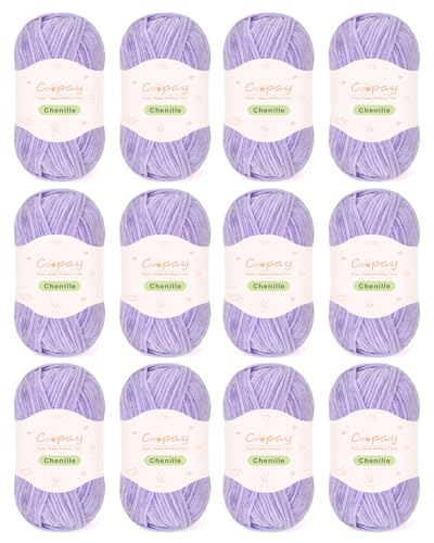 Image of Coopay Skinny Chenille Yarn for Crocheting and Knitting, 12 Pack of 50g /1.76oz - 1764yd Total, Crochet Yarn of Light Weights - Suitable for Baby Blankets, Plush Toys, Garments - Super Soft (Purple)