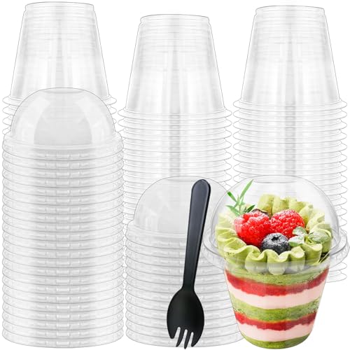 Paradi star 100Pcs 9oz Clear Plastic Cups with Dome Lids Spoons Disposable Dessert Party Cup Take Out Containers for Parfait Salad Ice Cream Cold Drink Cupcake