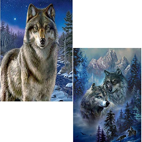 BASBE 2 Packs DIY 5D Diamond Painting Wolf Animal by Number Kits, Painting Cross Stitch Full Drill Crystal Rhinestone Embroidery Pictures Arts Craft for Home Wall Decor Gift (Wolf 5)