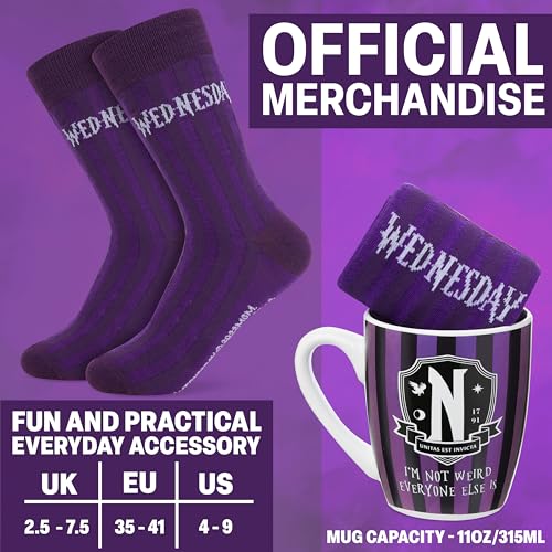 Image of Get Trend Wednesday 11oz Mug and Socks Set, Crew Socks Ceramic Coffee Mug Microwave Safe, Novelty Gifts for Women, Wife, Girlfriend (Purple /Black Wednesday)