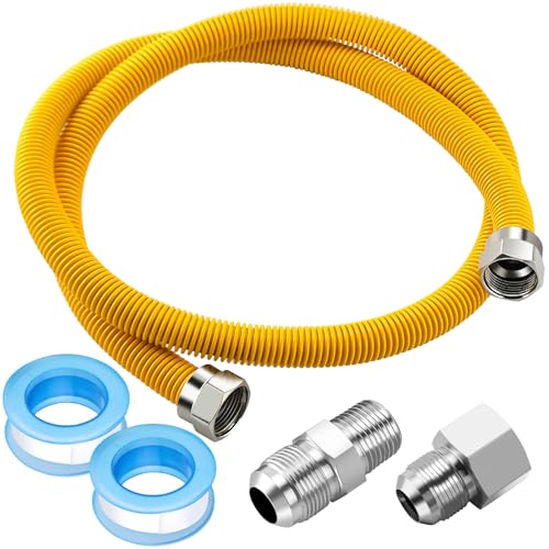 Puxyblue [2025 NEW] 48' Flexible Gas Line Kit for Dryer Stove Range Water Heater - 1/2' OD(3/8' ID) Flexible Stainless Steel Gas Dryer Kit Come with 1/2' MIP x 1/2' FIP Additional Raw Belt