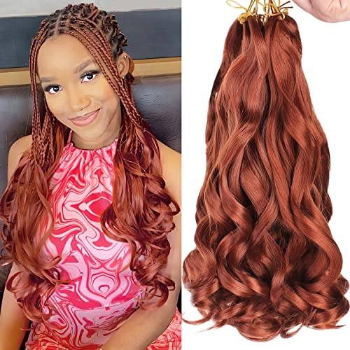 COOKOO 14 Inch 2 Packs Copper Red Pre-stretched French Curly Braiding Ginger Spanish Curls Synthetic Braids Hair Bouncy Loose Wave Crochet Box Braids Curly Ends for Black Women 350#