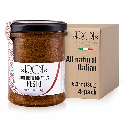 ROI Red Pesto - Sundried Tomato Pesto Sauce Made With Sundried Tomatoes, Genovese DOP Basil, and EVOO, Gluten-Free, Keto-Friendly Fresh Ligurian Sauce, Non-GMO, Made In Italy 6.3 oz (180 g) - Pack 4