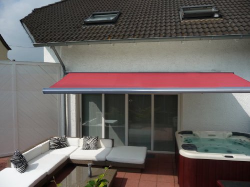 Prime Tech Elektrische Kassettenmarkise/Gelenkarm-Markise 450 x 300 cm/Gehäuse anthrazit-grau/Tuch Bordeaux-rot / #060