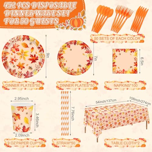 Image of Funnymoom 452 Pcs Thanksgiving Fall Party Decorations, Maple Leaves Thanksgiving Paper Plates Napkins Cups Tablecloth Cutlery Straws for Autumn Fall Theme Birthday Holiday Party Supplies, Serves 50