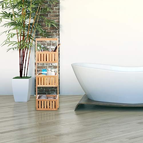 Relaxdays Bamboo Bathroom Shelf, Free Standing Wooden Caddy with 3 Tiers, Slim Kitchen Rack, Natural, HWD 82.5 x 27 x 26.5 cm