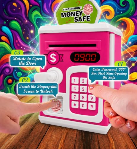 Image of Umadiya Sensor Fingerprint Money Safe Piggy Bank for Kids | Lock ATM Savings Bank with Auto Cash Roll-in, Coin Slot & Music | Educational Password Touch Finger Sensor Savings Bank Toy for Gift