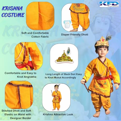 Image of Kaku Fancy Dresses Krishna Costume for Kids, Baby Krishna Dress for Janmashtami, Bal Krishna Dhoti Set, Krishnaleela Costume, Infant Bal Gopal, Krishna Fancy Dress Costume for Boys /Girls