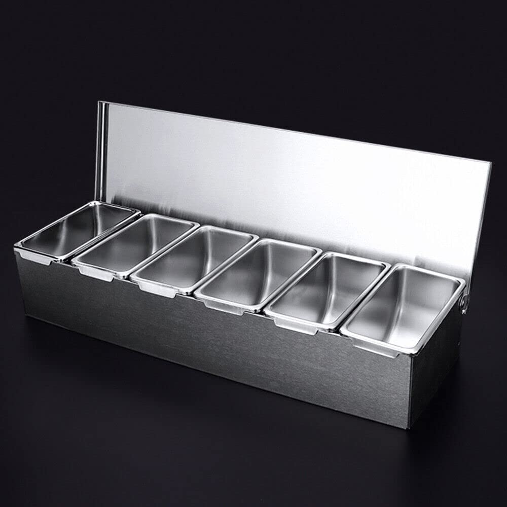 Contenitore per ingredienti in acciaio inox, 6 inserti, in acciaio inox, capacità con coperture, contenitore per spezie, utensili da cucina, 45,5 x 15 x 9 cm