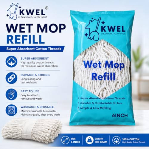 Image of KWEL Super Absorbent Cotton Wet Mop Refill 6 Inch (2500 GM) Pack of 2 | Heavy Duty Floor Cleaning Mop Refill for Home, Office, Kitchen & Tiles