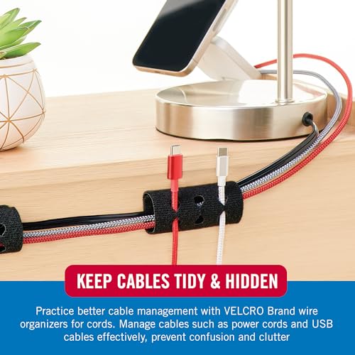 VELCRO Brand Cord Organizer for Desk Cable Management, Nightstand Organization, Unique Dual Function Cable Sleeve Cord Keepers Combo, Holds Wires for Easy Access, Route to Hide, Small 2pk Black image 3