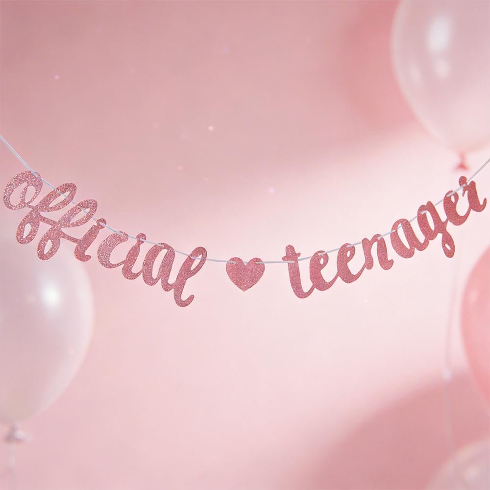 Glitter 13th Birthday Banner for Girls - Official Teenager Pink Party Decorations with Heart Design - Durable Hanging Banner for Teen Birthday Party Supplies