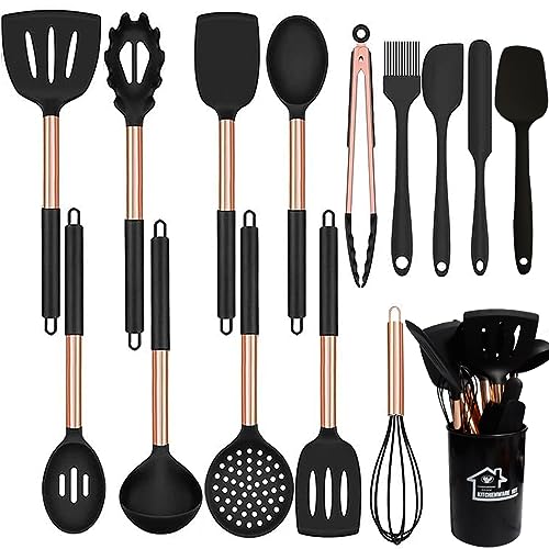 UXIYI Kitchen Utensils Set, Silicone Cooking Utensils, 15PCS Silicone Spatula Set with Rose Gold Stainless Steel Handle, Kitchen Tools for Nonstick Non Scratch Cookware