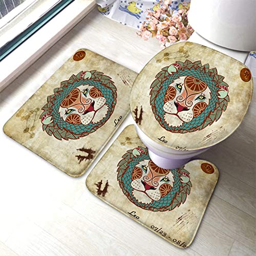 Badezimmerteppich-Set, 3-teilig, Boho-Stil, Löwe und Symbole, Vintage-Muster, Digitaldruck, waschbare Badteppiche, rutschfest, mit Rückenpolster, Konturteppich und Toilettendeckelbezug