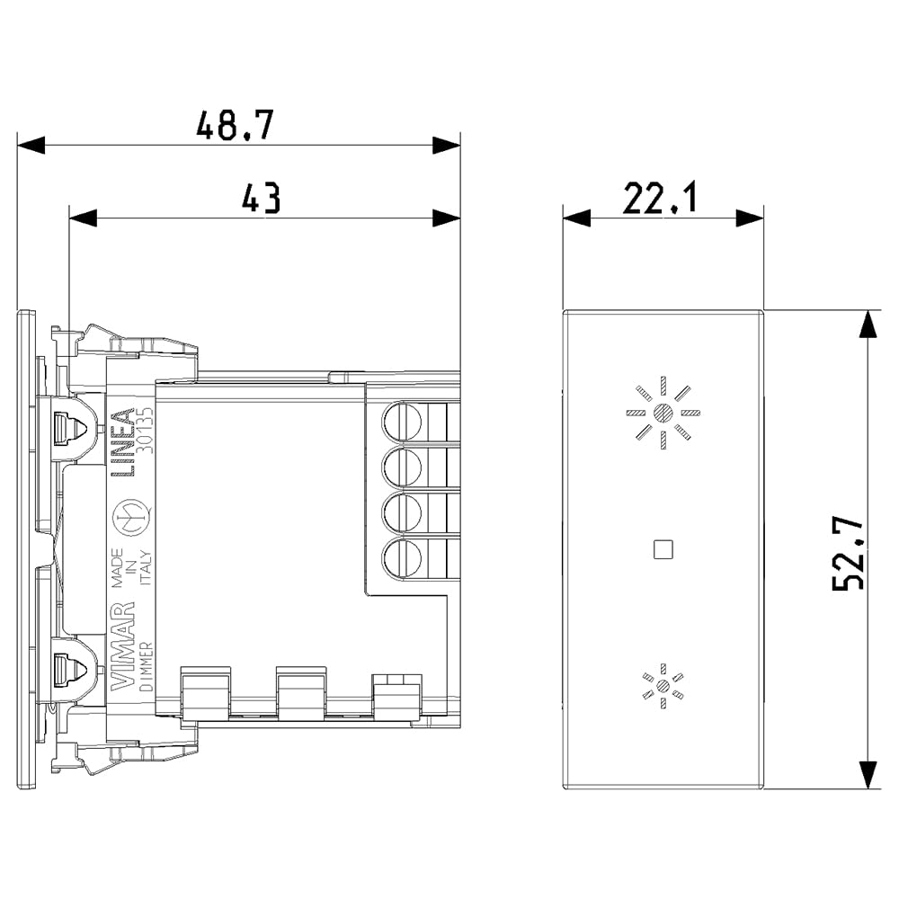 VIMAR 30135.C Universal-Dimmer Phasenabschnittslinie, mit Ein-/Ausschalter und Einstellung mit integrierten Tasten oder durch mehrere Punkte mit NEIN-Tasten