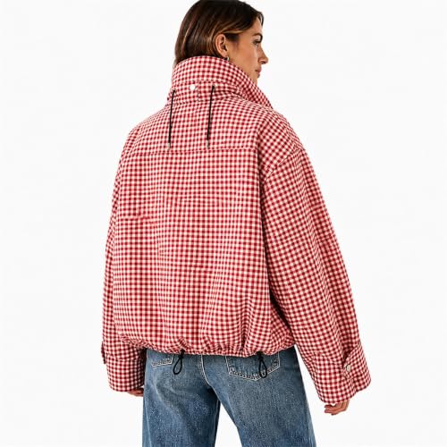 Women's Zipper Jackets Funnel Neck Gingham Pullover Cropped Jacket - image 4